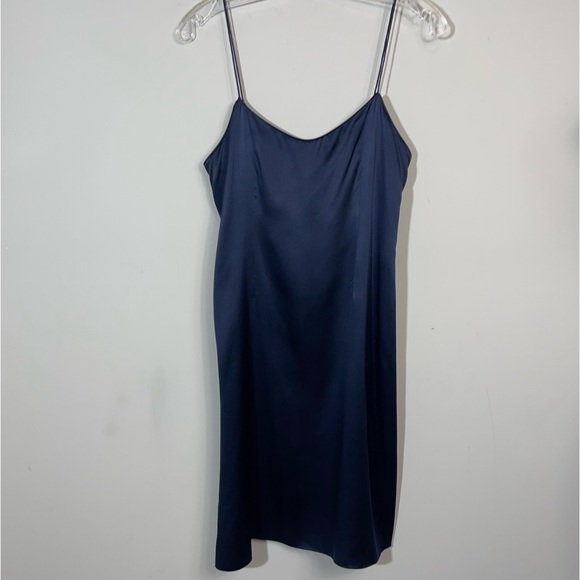 Rickie Freeman Teri Jon Silk Satin Slip Dress Navy Blue 6 Midi Spaghetti Strap - Picture 10 of 14